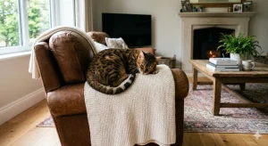 A Bengal cat is relaxing in the living room.