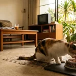 A cat eating food in the living room.