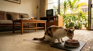 A cat eating food in the living room.