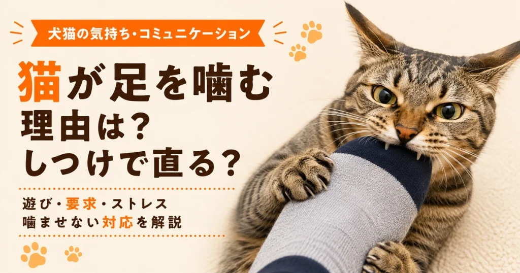 人間の足を噛むキジトラ猫