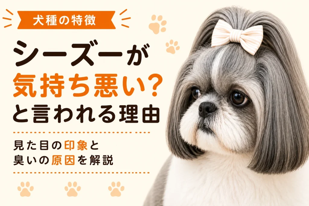 顔の毛をリボンで結んだグレーのシーズーが左に目を向けている