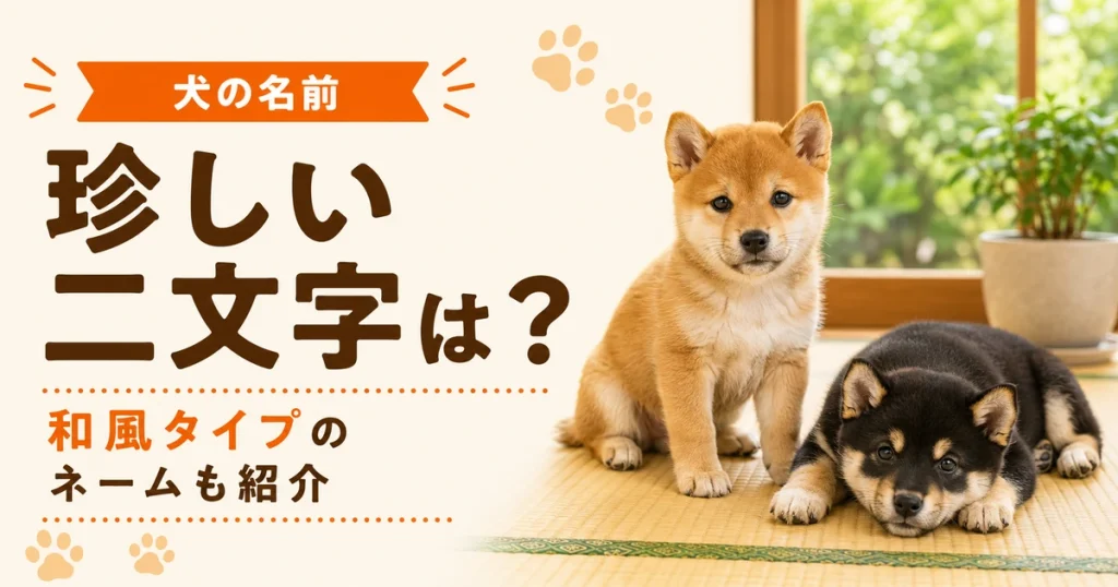 柴犬の子犬二匹。赤柴は畳の上に座り、黒柴はふせている
