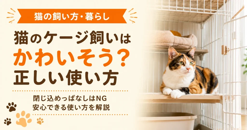 ケージの中で過ごす三毛猫