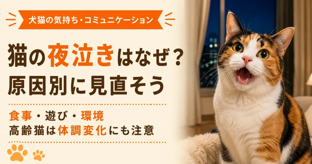 夜、室内で鳴く三毛猫