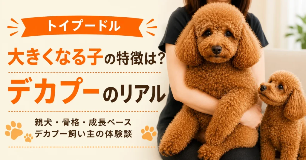 飼い主に抱かれる大きな赤毛のトイプードルと、傍らで見つめる赤毛のトイプードル